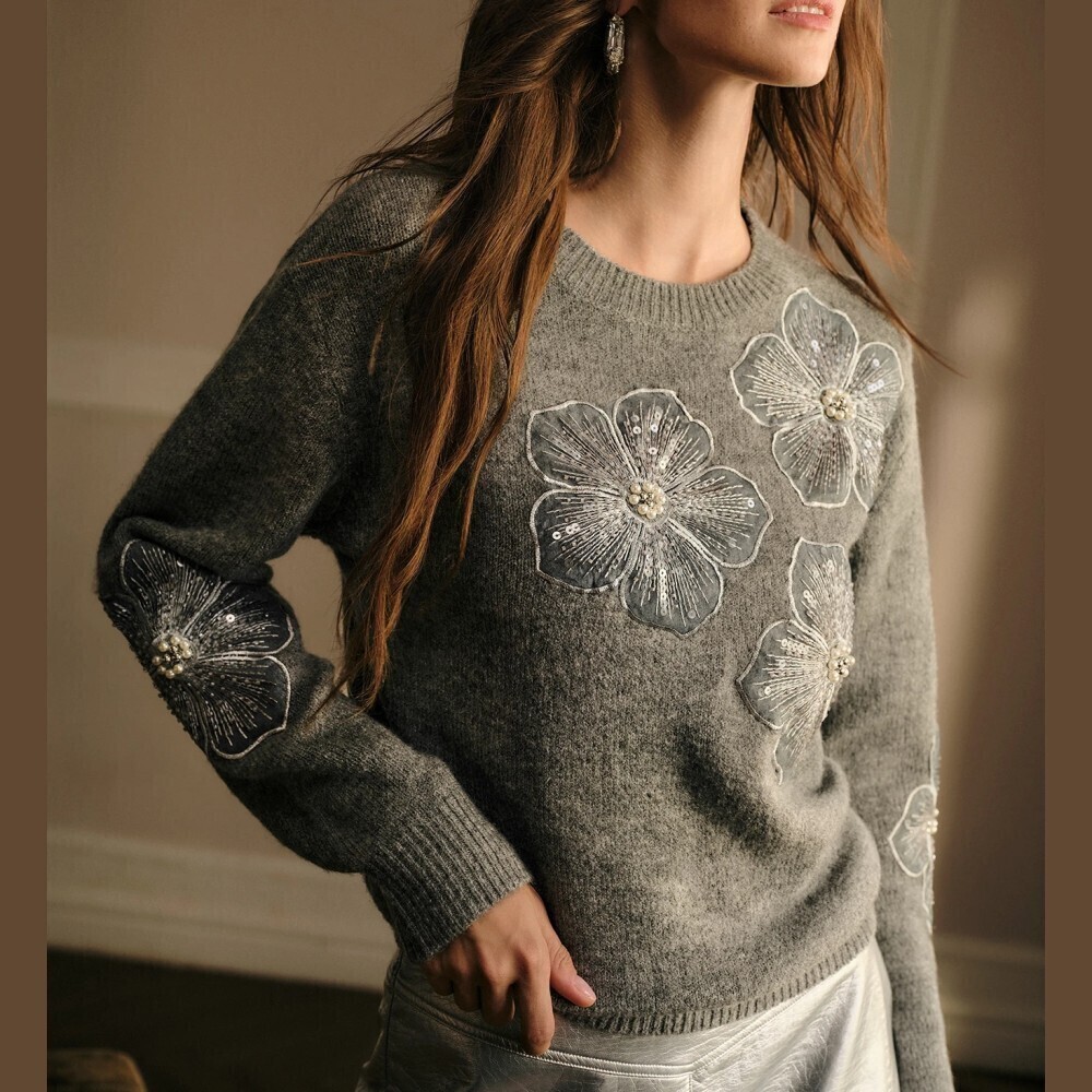 Gray Knit Floral Embroidered Sparkle Long Sleeve Crew Neck Pullover